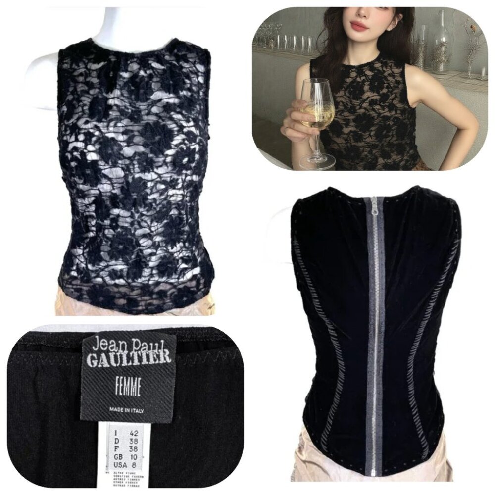 NWOT Jean Paul Gaultier vintage velour lace Slevelles full zip top IT42